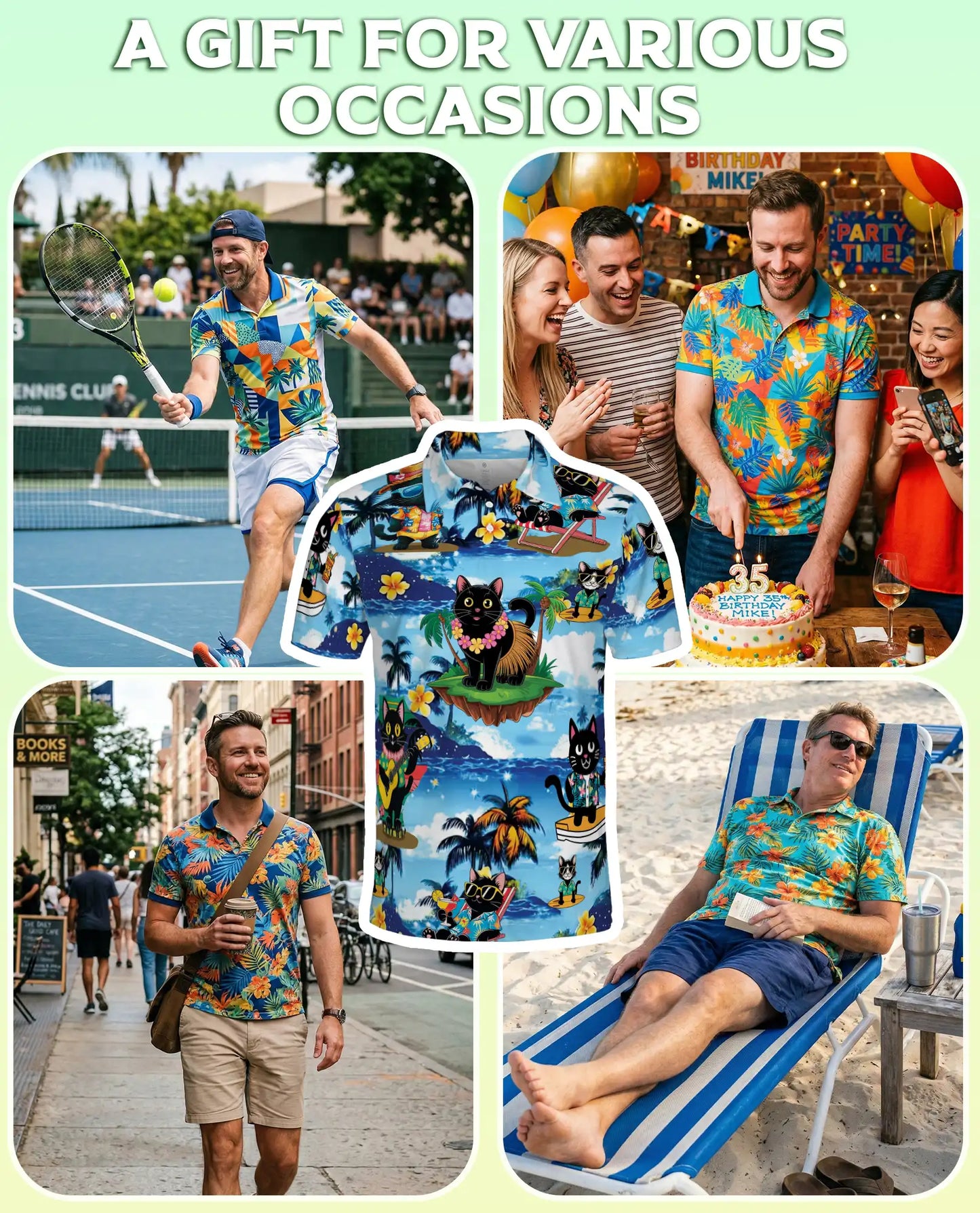 Tropical Black Cat 3D Polo Shirt for Men – Hawaiian Beach Cartoon Style | Netecom