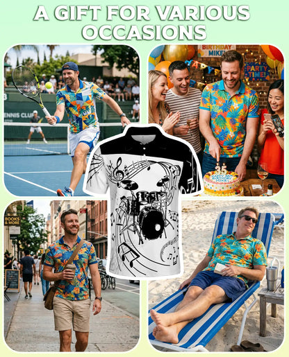 Drum Music 3D Polo Shirt for Men – Black White Band Art Style | Netecom