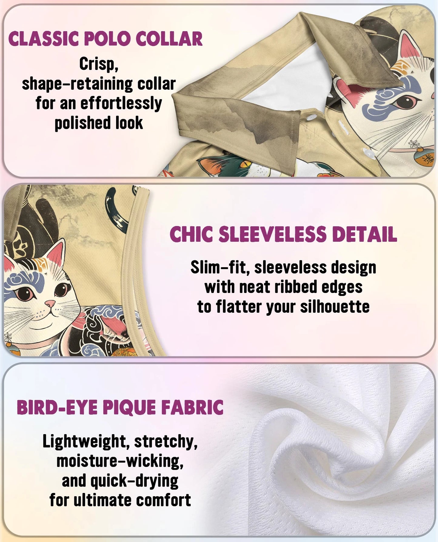 Japanese Cat Tattoo Sleeveless Polo Shirt for Women | Netecom