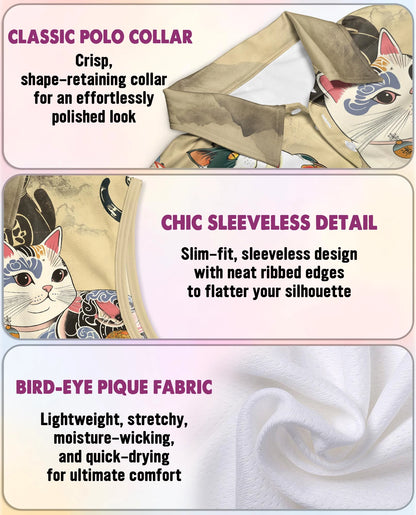 Japanese Cat Tattoo Sleeveless Polo Shirt for Women | Netecom