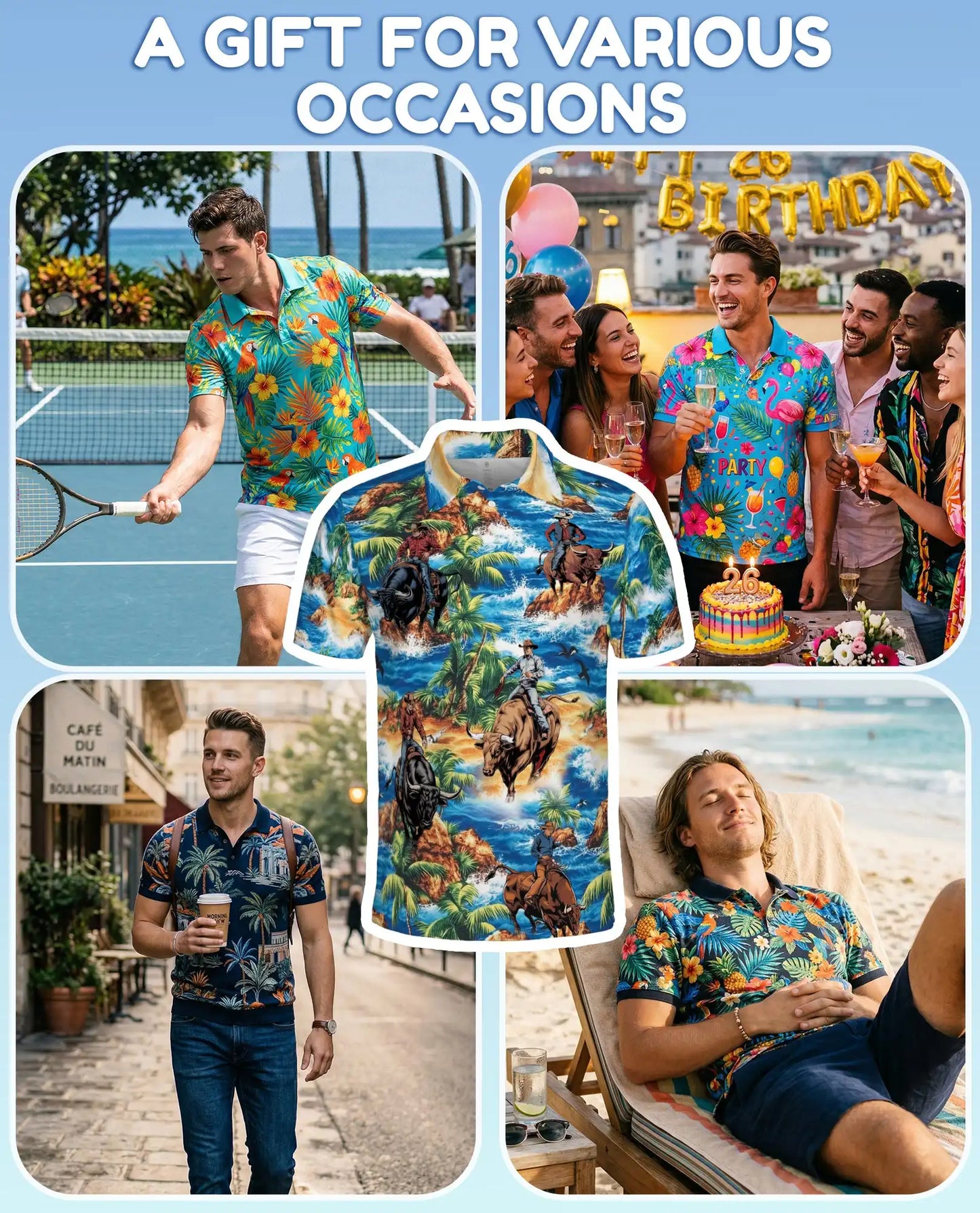 Tropical Rodeo Polo Shirt for Men - Cowboy Bull Riding | Netecom