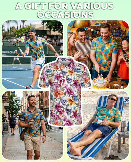 Skull Orchid Floral Polo Shirt-Gothic Botanical Flower Pattern Design | Netecom