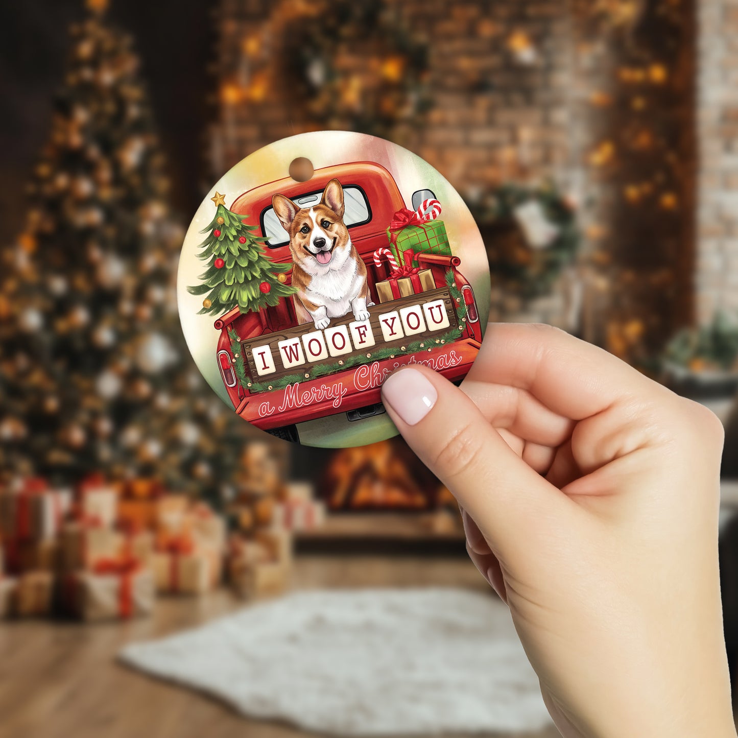 Netecom Cute Corgi in Holiday Truck Ornament, I Woof You a Merry Christmas Ceramic Ornament for Christmas Tree Hanging Decorations Gift, Puppy Lover Gifts, Holiday Party Present