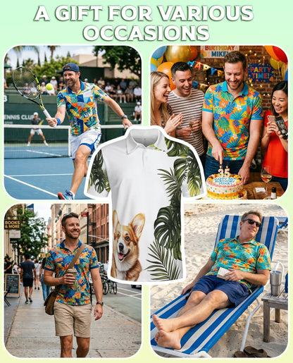 Cute Corgi Tropical Leaves 3D Polo Shirt for Men – Hawaiian Dog Lover Style | Netecom