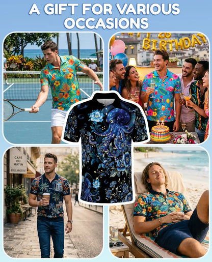 Blue Octopus Polo Shirt - Floral Ocean Fantasy Marine Art Design | Netecom