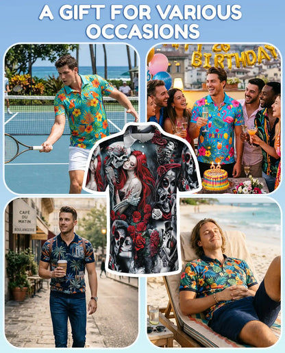 Day of the Dead Sugar Skull Polo Shirt for Men – Gothic Skeleton Roses | Netecom