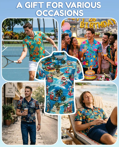 Tropical Santa Beach Christmas Polo Shirt for Men-Surfing Santa Hawaiian | Netecom