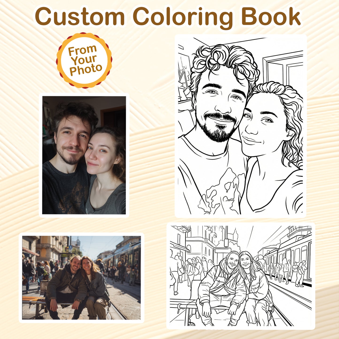Personalized Couple Memory Coloring Book for Adults – Custom Coloring Pages from Your Photos , 12–48 Pages, Keepsake for Newlyweds, Premium Wooden Cover, Spiral Binding