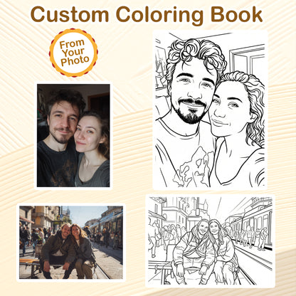 Personalized Couple Memory Coloring Book for Adults – Custom Coloring Pages from Your Photos , 12–48 Pages, Keepsake for Newlyweds, Premium Wooden Cover, Spiral Binding