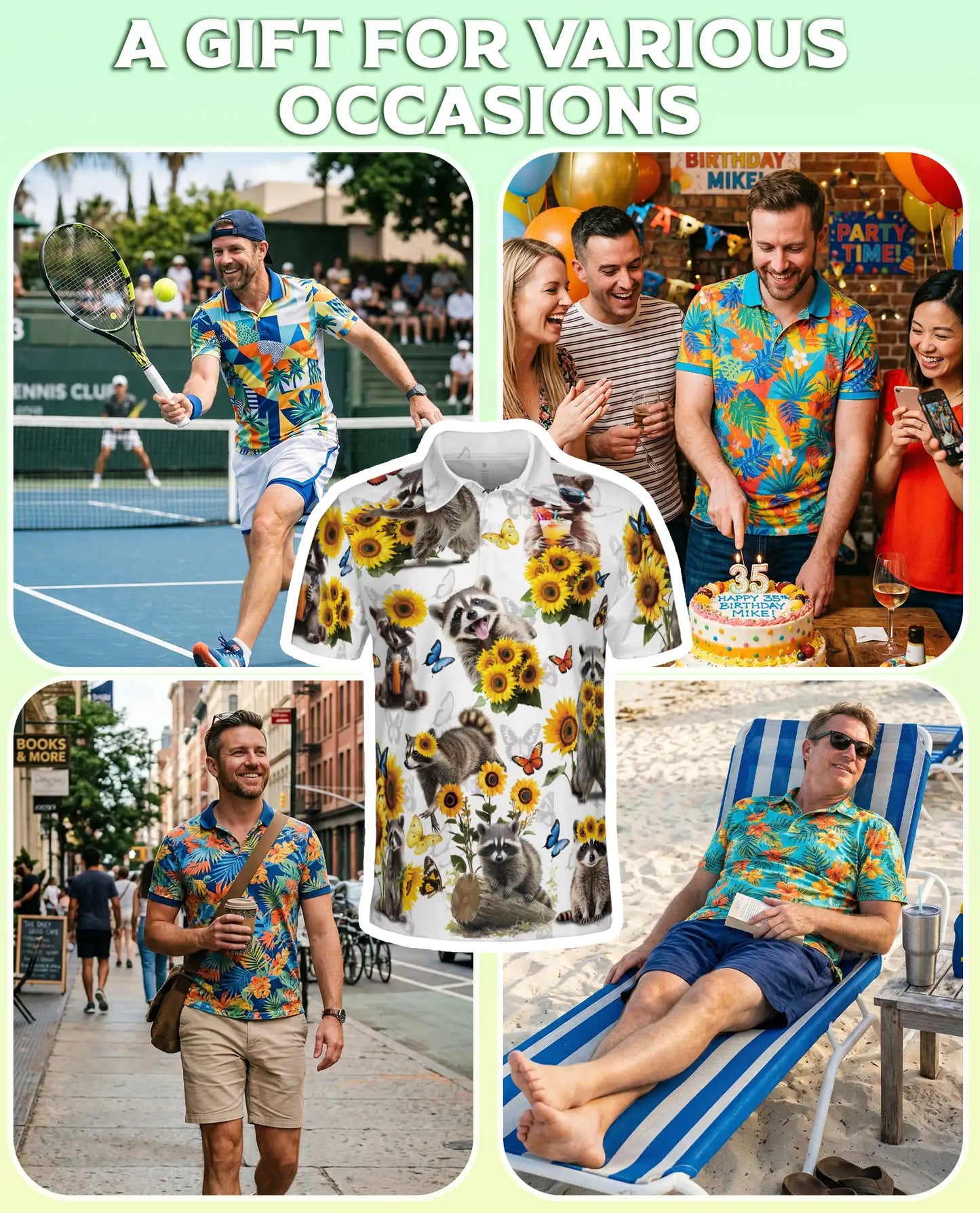 Raccoon Sunflower 3D Polo Shirt for Men – Cute Animal Nature Style | Netecom