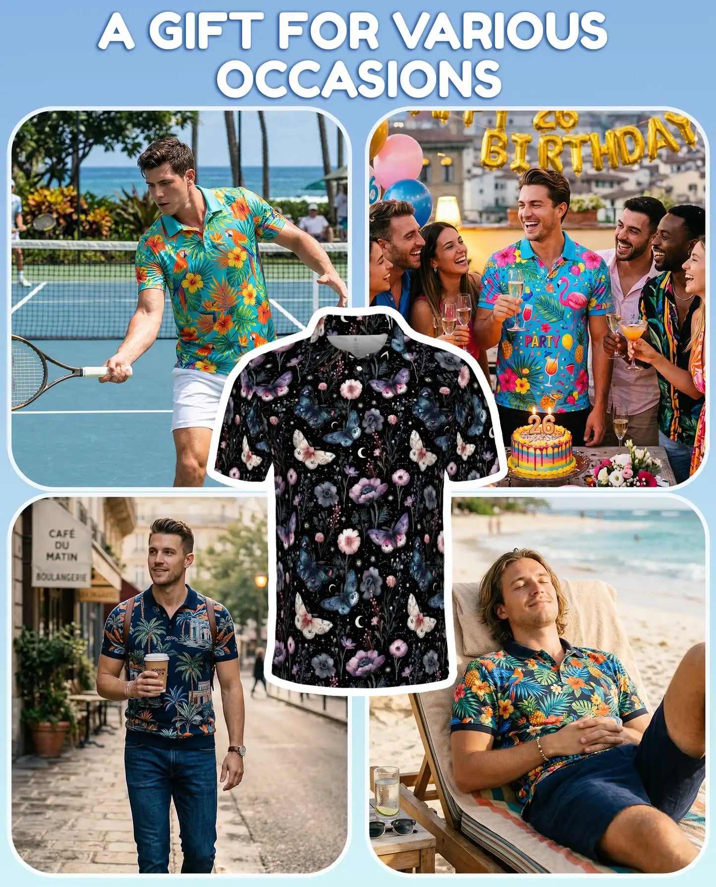 Butterfly Floral Polo Shirt - Moonlit Botanical Garden Style | Netecom