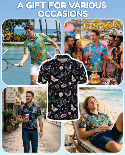 Butterfly Floral Polo Shirt - Moonlit Botanical Garden Style | Netecom