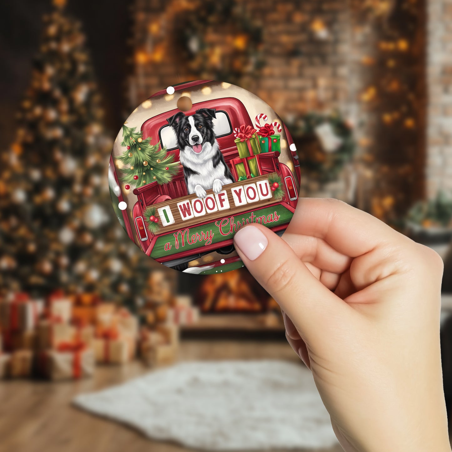 Netecom Funny Border Collie Dog in Red Truck Ornament, I Woof You Merry Christmas Ceramic Ornament for Christmas Tree Hanging Decorations Gift, Puppy Lover Gifts, Holiday Decor Present