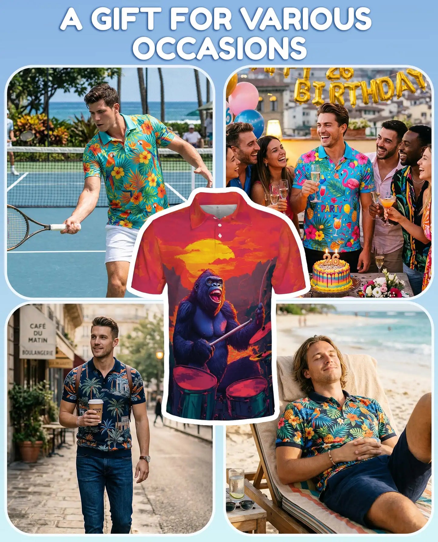 Funny Gorilla Drummer Polo Shirt - Sunset Rock Music Style | Netecom