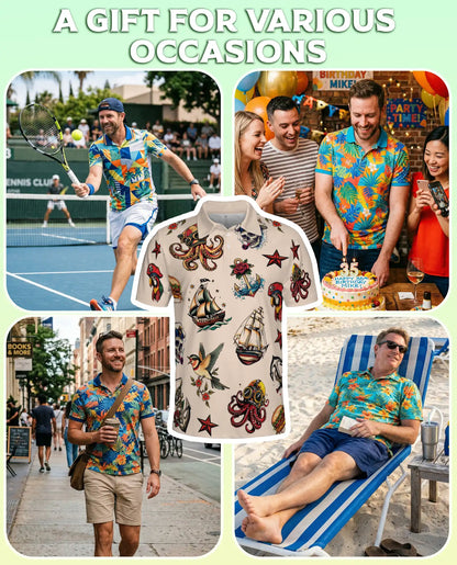 Nautical Tattoo Polo Shirt – Pirate & Octopus Print | Netecom