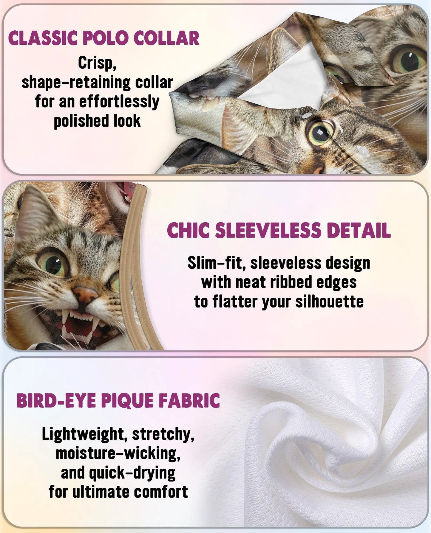 Funny Cat Pattern Sleeveless Polo Shirt for Women | Netecom