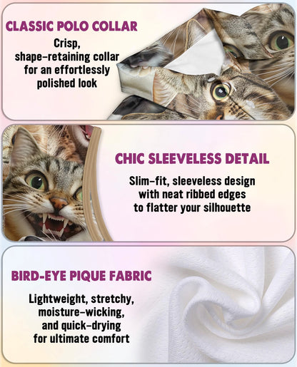 Funny Cat Pattern Sleeveless Polo Shirt for Women | Netecom