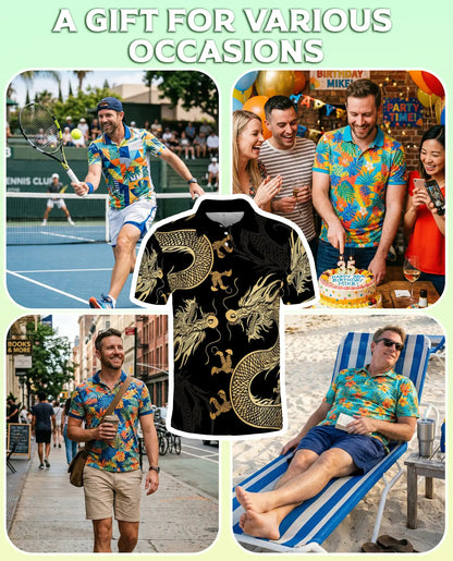 Gold Dragon 3D Polo Shirt for Men – Black Asian Fantasy Art Style | Netecom