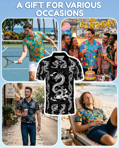 Black White Asian Dragon Polo Shirt for Men - Oriental Dragon Art | Netecom