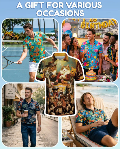 Vintage Cat Poker 3D Polo Shirt for Men – Funny Animal Card Game | Netecom