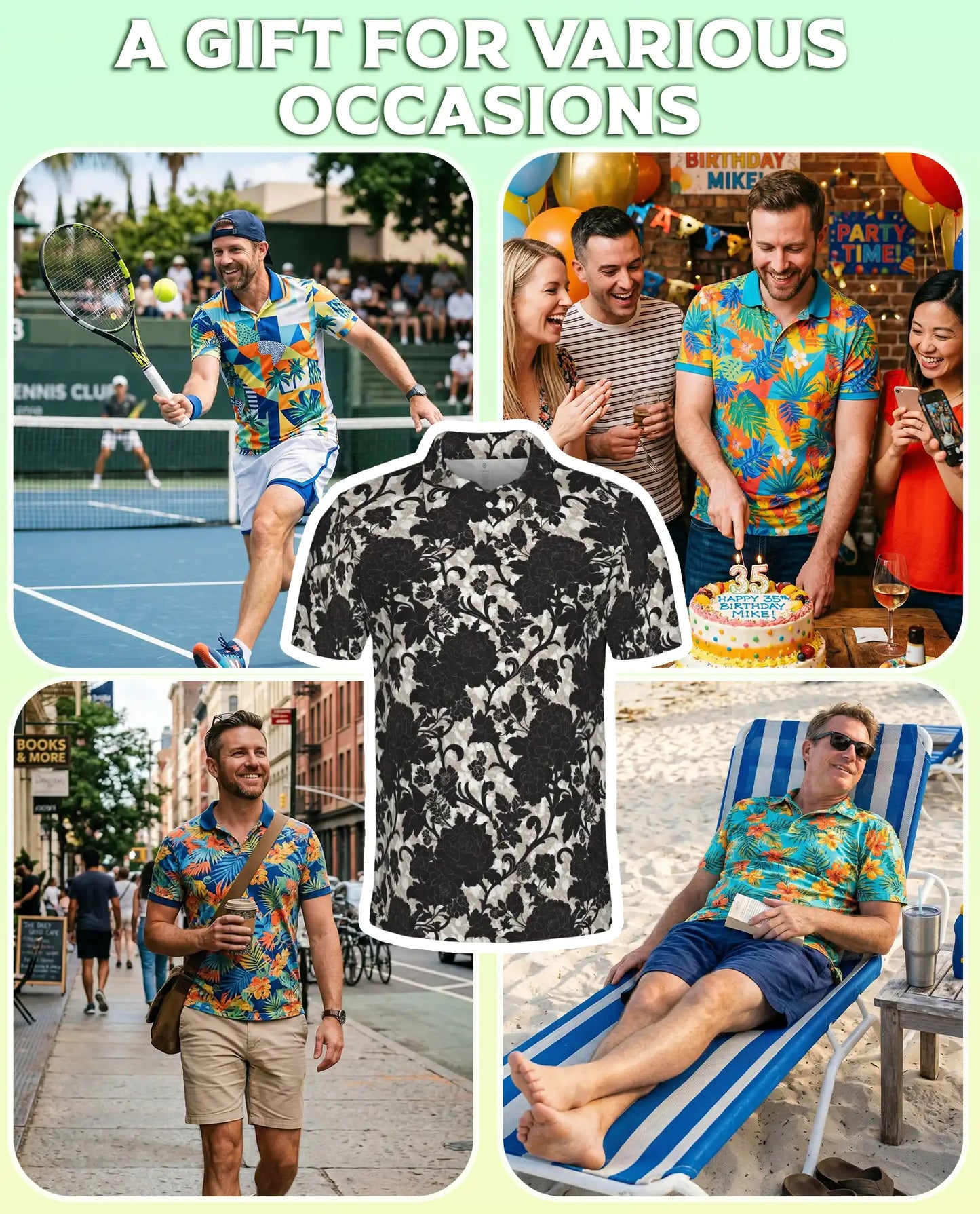Black White Floral Damask Polo Shirt for Men- Vintage Flower Pattern | Netecom