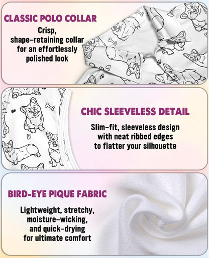 Corgi Pattern Sleeveless Polo Shirt for Women | Netecom