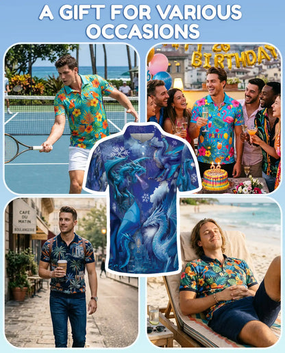 Blue Ice Dragon Polo Shirt for Men – Winter Fantasy Design | Netecom