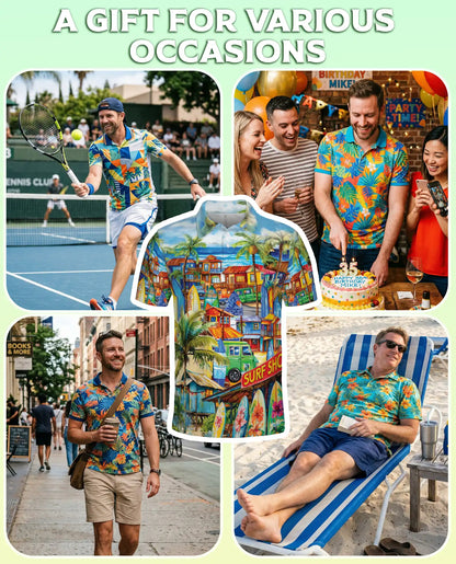 Tropical Surf Town 3D Polo Shirt for Men – Colorful Beach Vacation Style | Netecom