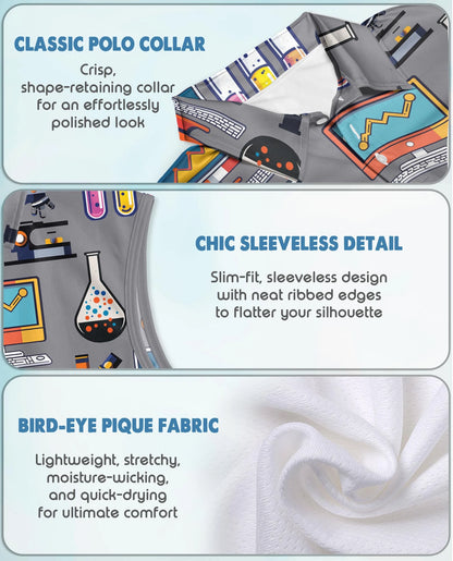 Science Lab Doodle Pattern Sleeveless Polo Shirt for Women | Netecom