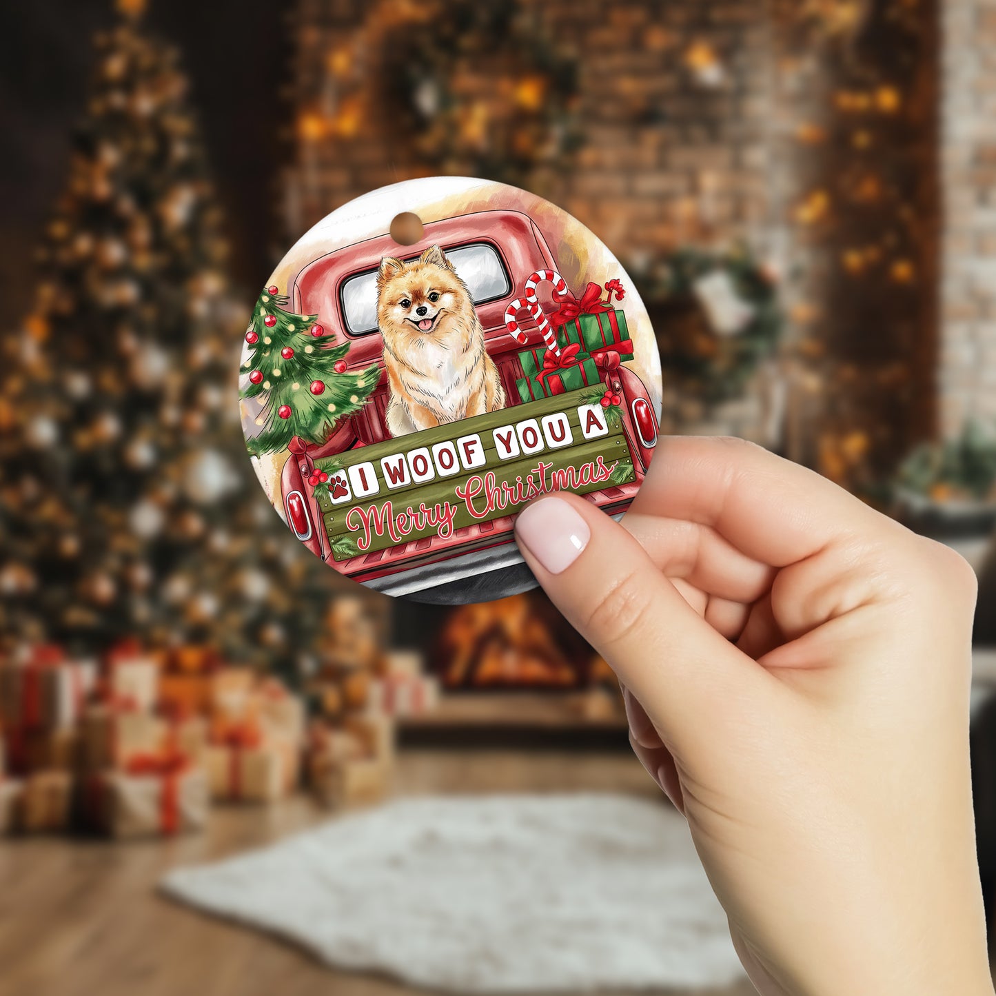 Netecom Cute Pomeranian Dog in Red Truck Ornament, I Woof You a Merry Christmas Ceramic Ornament for Christmas Tree Hanging Decorations Gift, Dog Lover Gifts, Holiday Party Present