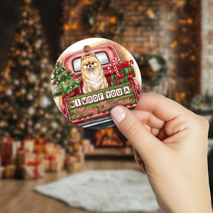 Netecom Cute Pomeranian Dog in Red Truck Ornament, I Woof You a Merry Christmas Ceramic Ornament for Christmas Tree Hanging Decorations Gift, Dog Lover Gifts, Holiday Party Present