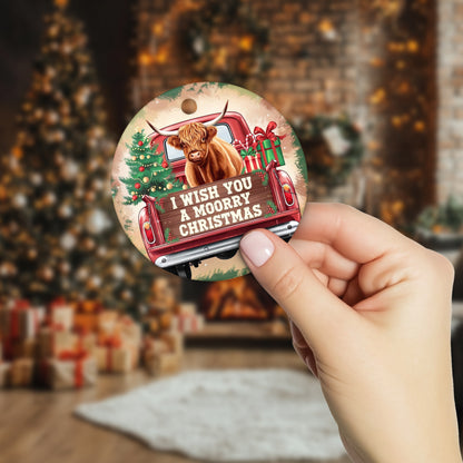 Netecom Funny Highland Cow in Red Truck Ornament, I Wish You a Moorry Christmas Ceramic Ornament for Christmas Tree Hanging Decorations Gift, Farm Animal Lover Gifts, Holiday Party Present
