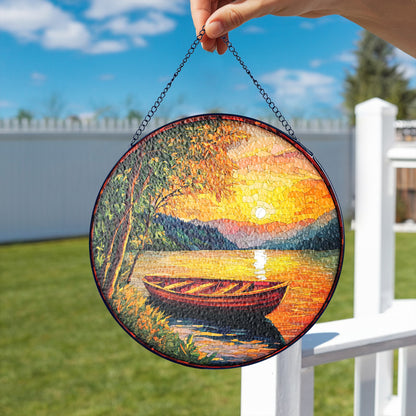 Netecom Beautiful Sunset on the River Stained Glass Sun Catcher – Scenic River Ornament, Perfect Gift for Outdoors Enthusiasts