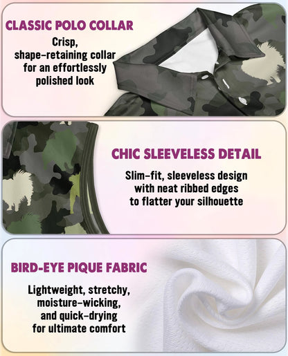 Pomeranian Camouflage Pattern Sleeveless Polo Shirt for Women | Netecom