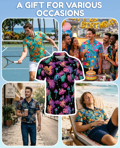Neon Tropical Leaves Polo Shirt - Psychedelic Mushroom Style | Netecom