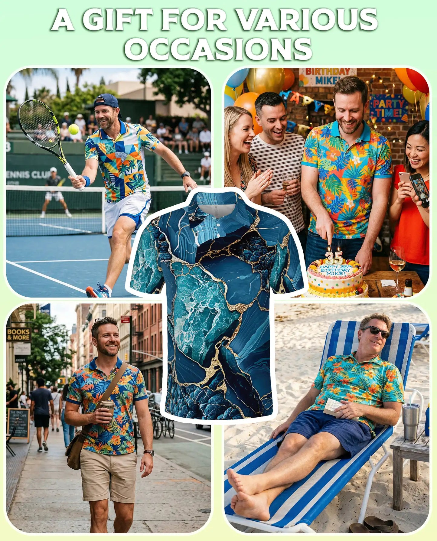 Blue Ocean Marble Polo Shirt for Men-Luxury Abstract Art | Netecom