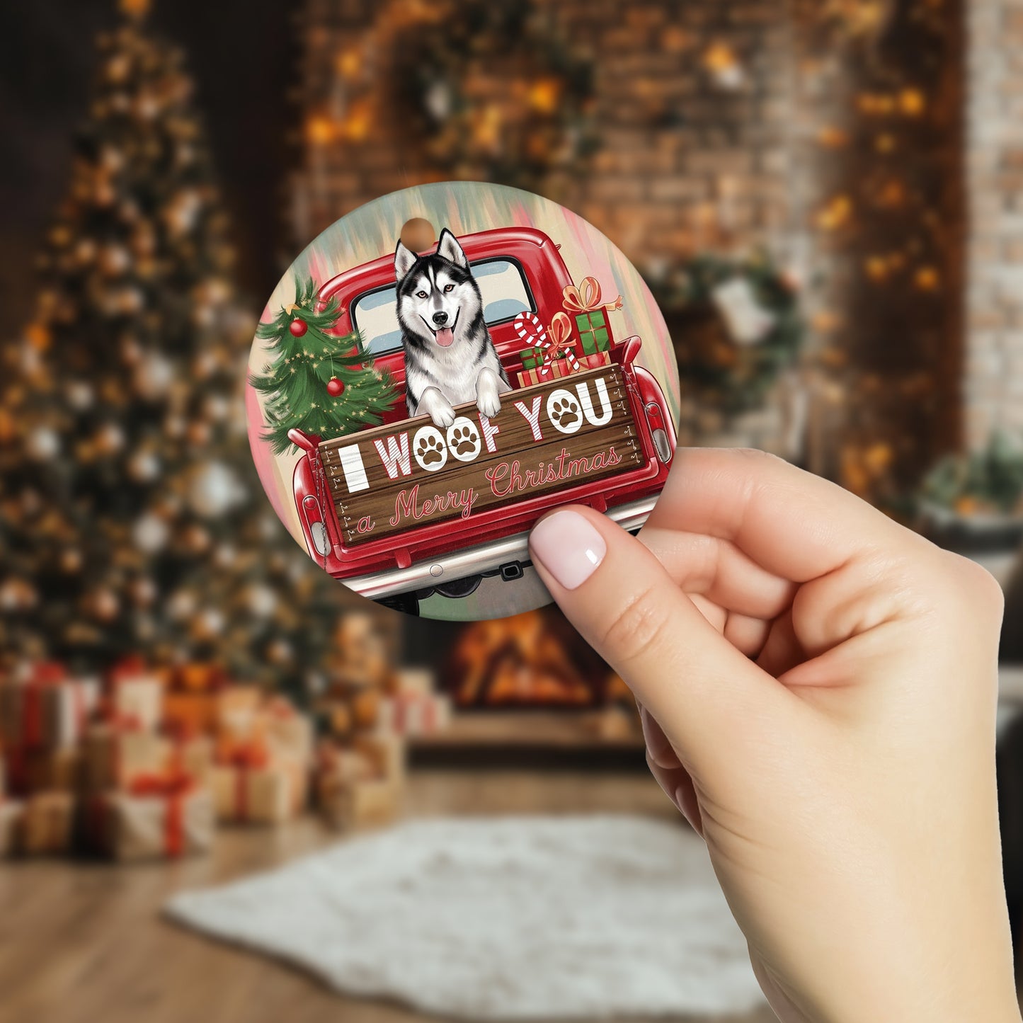 Netecom Funny Siberian Husky in Holiday Truck Ornament, I Woof You a Merry Christmas Ceramic Ornament for Christmas Tree Hanging Decorations Gift, Pet Lover Gifts, Holiday Party Present