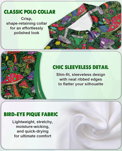 Hippie Vintage Mushroom Sleeveless Polo Shirt for Women | Netecom