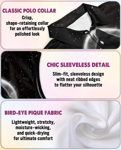 Black Cat Moonlight Sleeveless Polo Shirt for Women | Netecom