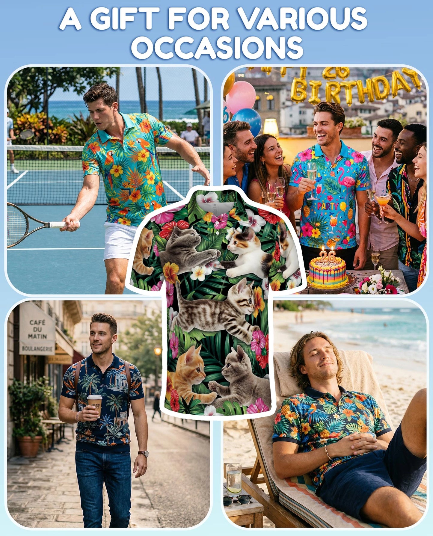 Cat Tropical Floral Polo Shirt for Men – Cute Animal Summer Style | Netecom