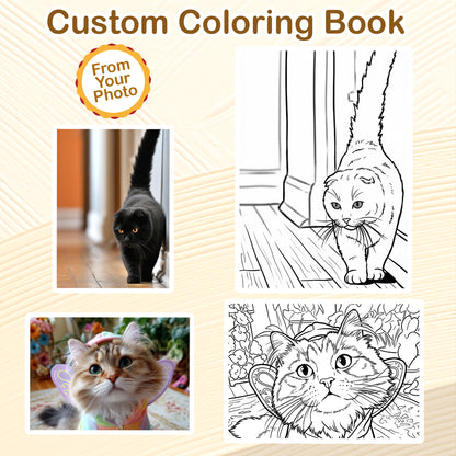 Personalized Cat Coloring Book for Adults – Custom Cat Line Art Coloring Pages from Photos, 12–48 Pages, Pet Memory Keepsake for Pet Lovers, Premium Wooden Cover, Spiral Binding