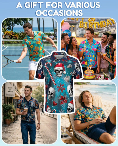 Christmas Skull 3D Polo Shirt for Men – Gothic Holiday Horror Style | Netecom