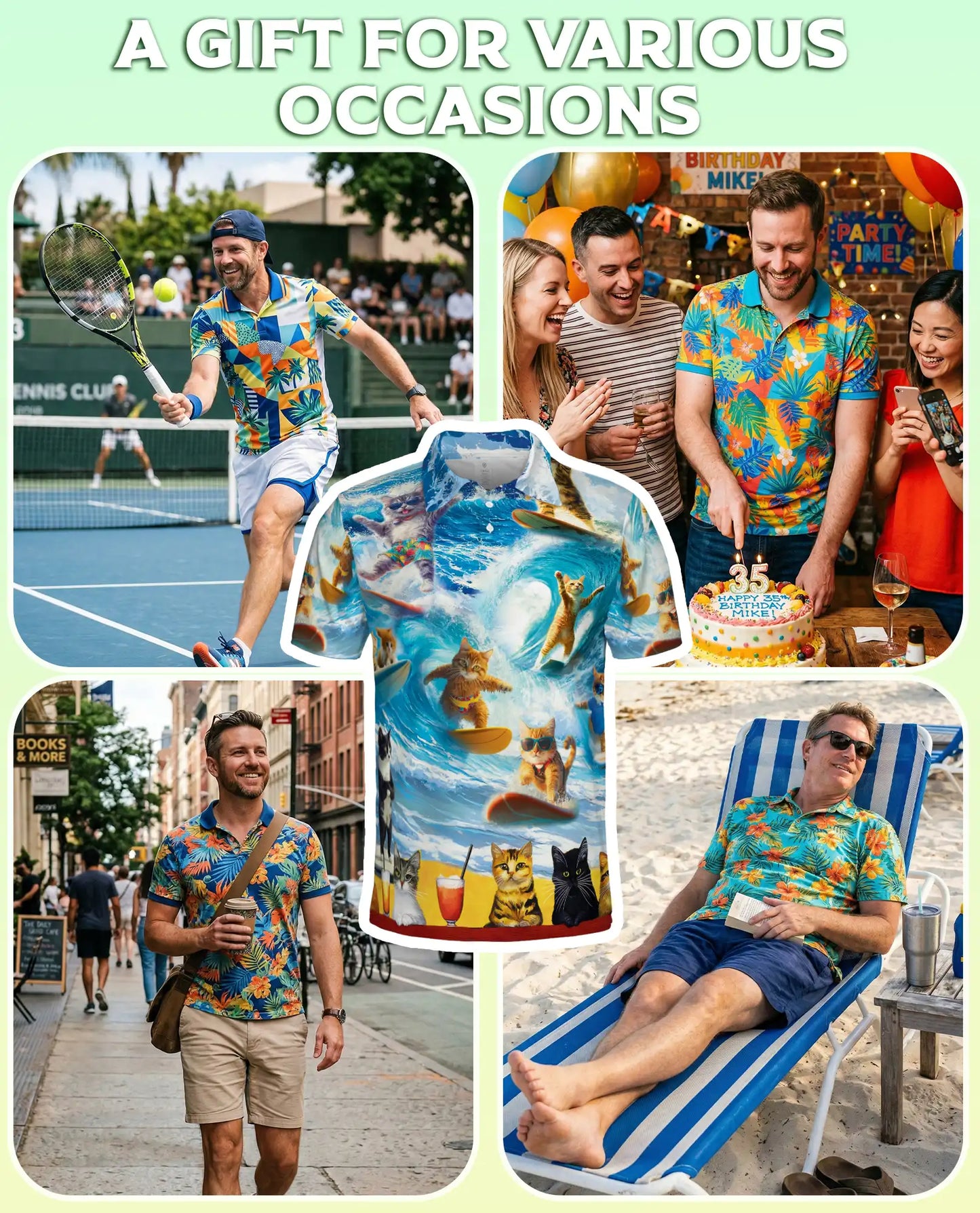 Surfing Cat 3D Polo Shirt for Men – Funny Beach Summer Style | Netecom