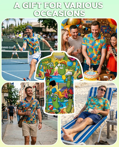 Funny Pickle Beach Pickleball Polo Shirt for Men-Cartoon Pickle Tropical | Netecom