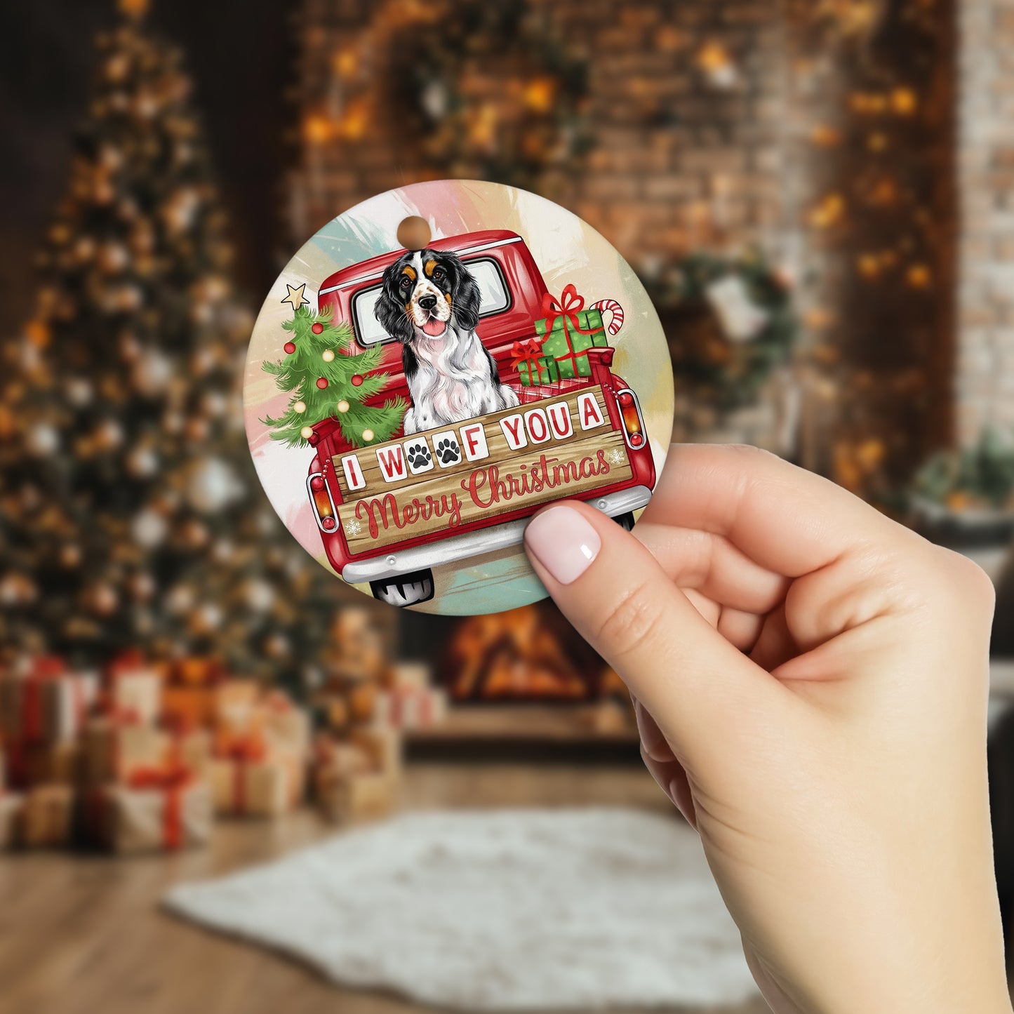 Netecom Cute Spaniel in Red Truck Ornament, I Woof You a Merry Christmas Ceramic Ornament for Christmas Tree Hanging Decorations Gift, Dog Lover Gifts, Holiday Party Present