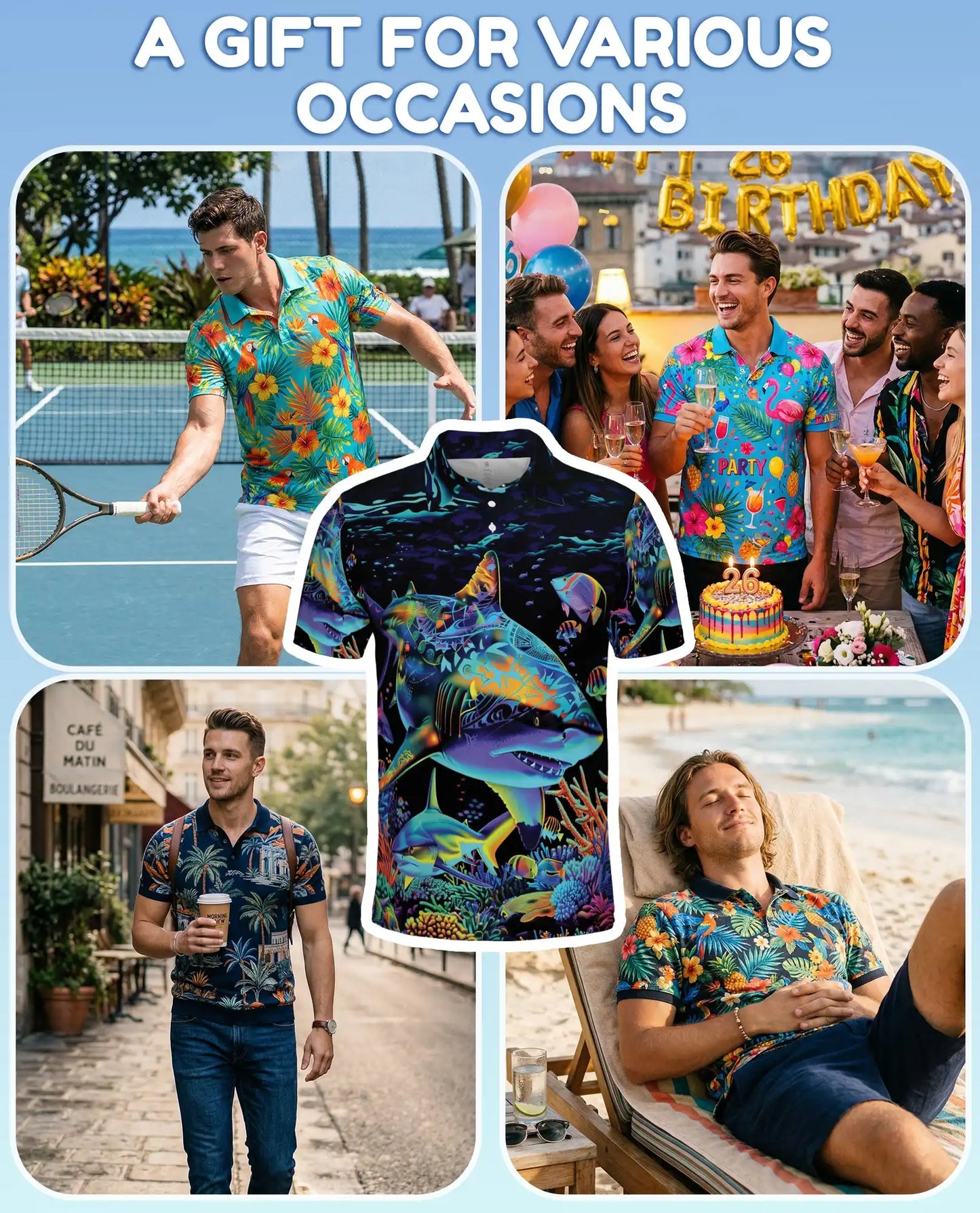 Tropical Sharks Polo Shirt for Men – Colorful Ocean Fish Design | Netecom
