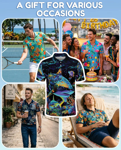 Tropical Sharks Polo Shirt for Men – Colorful Ocean Fish Design | Netecom