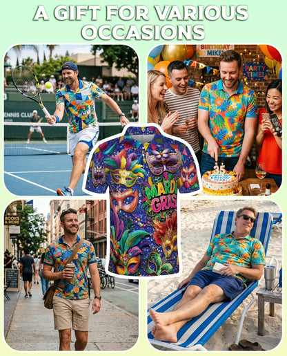 Mardi Gras Carnival Mask Polo Shirt for Men-Colorful Festival Feather Mask | Netecom
