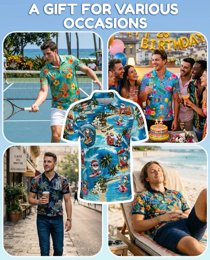 Surfing Santa 3D Polo Shirt for Men – Tropical Christmas Beach Style | Netecom