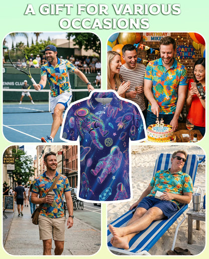 Astronaut Space 3D Polo Shirt for Men – Neon Galaxy Sci-Fi Style | Netecom